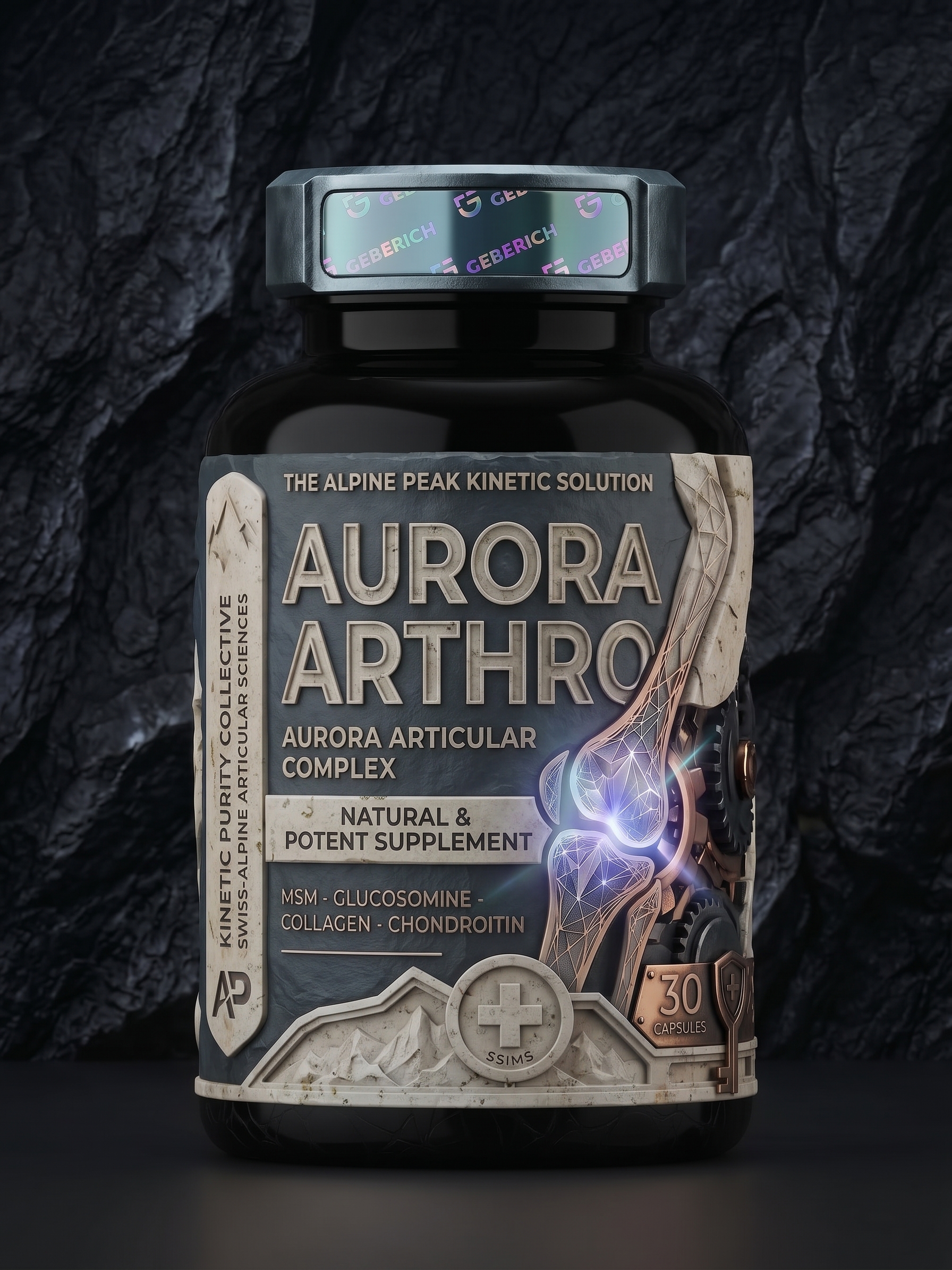 Flacone ufficiale Aurora Arthro con rilievi alpini e sigillo di purezza Geberich